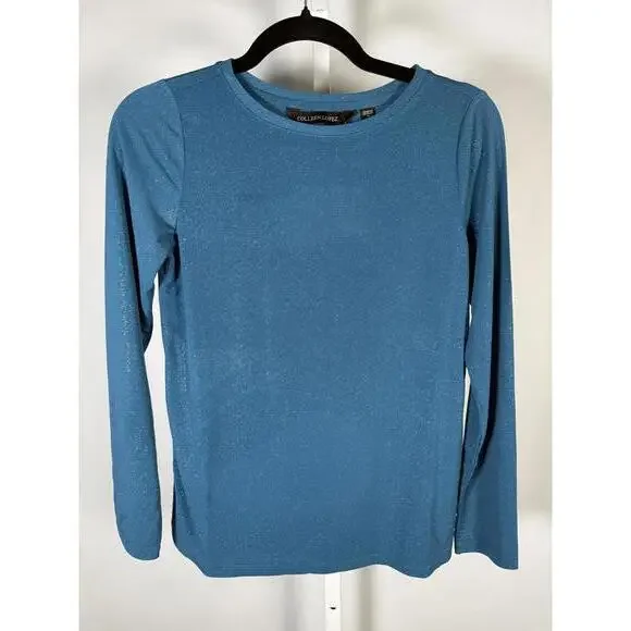 Colleen Lopez Women’s Teal Glitter Shimmer Long Sleeve Stretch Top Size XS - Picture 2 of 5